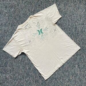 y2k Hurley Mens Large Graphic T-Shirt Tan Filigree‎ Logo Tee Short Sleeve Cotton